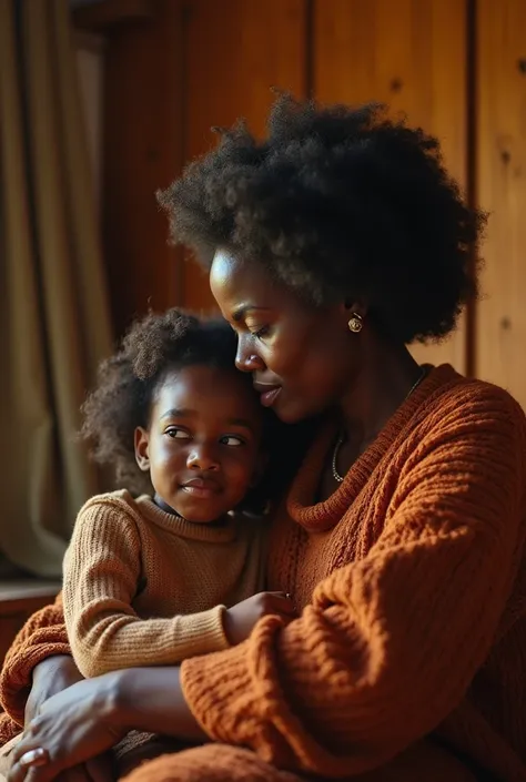 Une image d'une grande mère africaine qui se fait tresser par sa petite fille qui est une jeue femme voilées de reint marron avec un joli nez pointu et long dans sa chambre  avec un cadre tres jolie et simpliste 