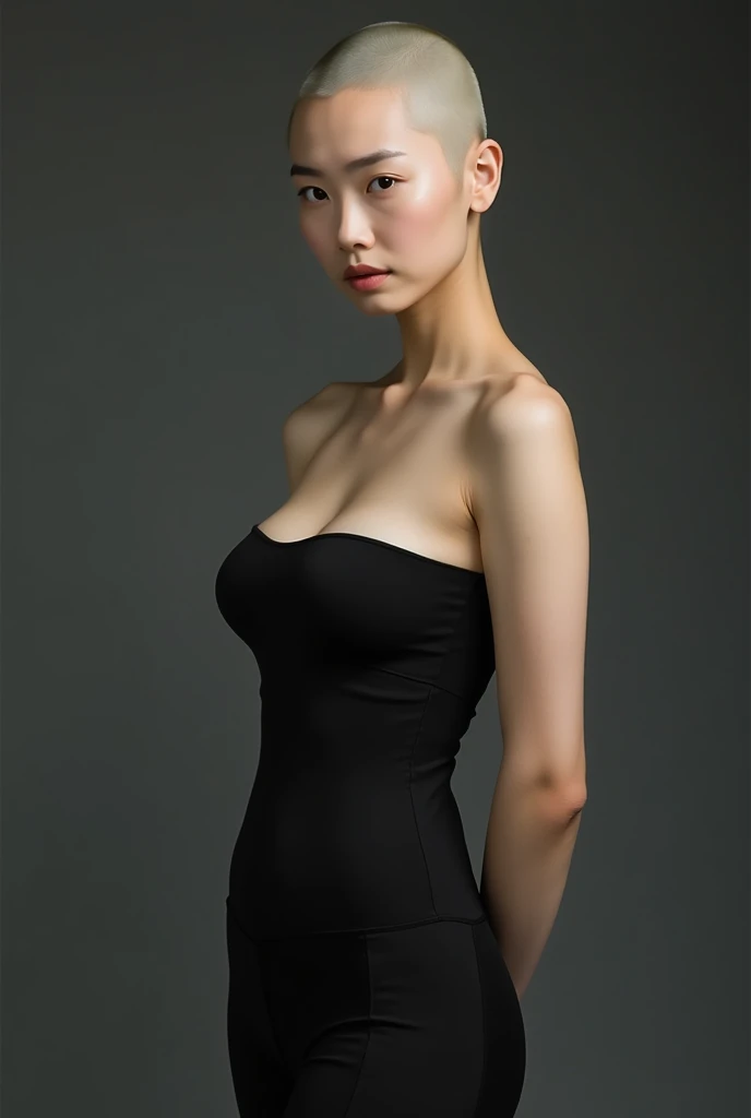 Full-body shot of a beautiful Chinese, (Teresa Mak is a Chinese actress and model), Based off of Shan is a female character Street of Fury 1996 Chinese movie, age 20 years old, youthful face, white skin body, perfect body, (((bald shaved to the skin))), ((...