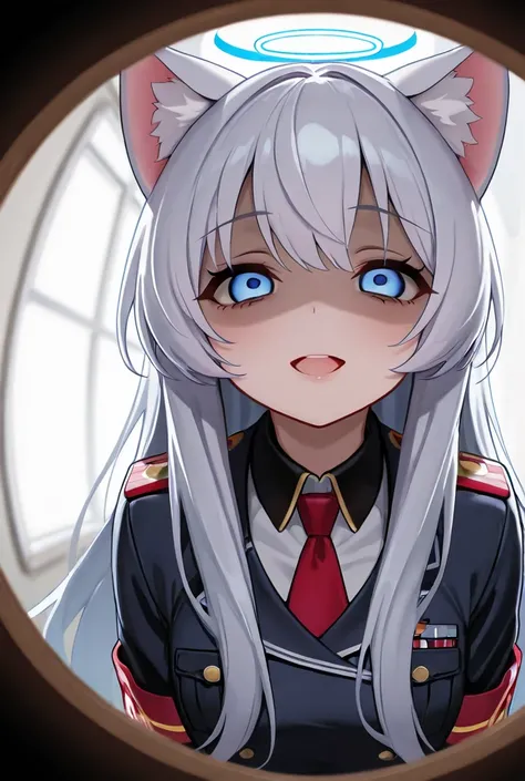  high resolution, top quality,Halo, Silver Hair, with long hair ,Cat ears,Downer,Droopy eyes, Light Blue Eyes,１A human woman ,uniform, yandere,Peephole, fisheye shot, 