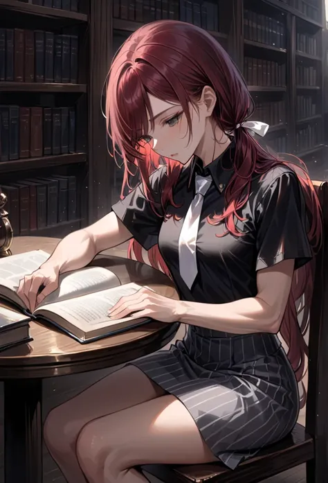  (Masterpiece, best quality),  intricate details, JK, highly detailed, intricate details, close up, young woman studying in library, Looking down at book, sitting on chair in front of round table, Gray eyes, dark red hair, ((long swept bangs)), low twin ta...