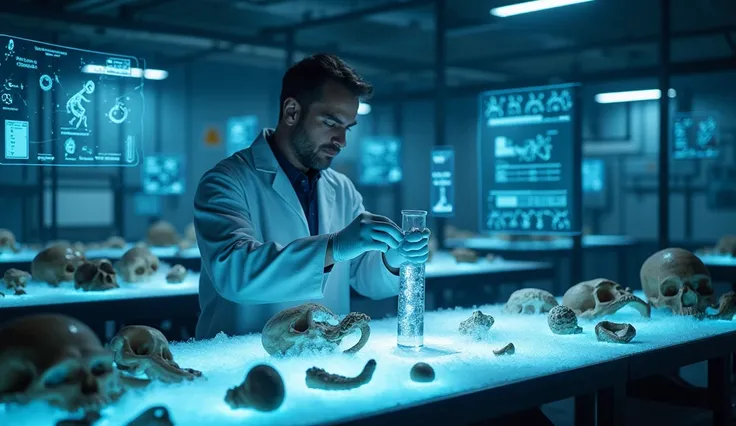  A futuristic laboratory illuminated with faint blue light . in the center, a scientist wearing a white coat and latex gloves holds a test tube with a shiny piece of DNA.  On a nearby table ,  ancient bones and tissue samples preserved in dry ice emit a fa...