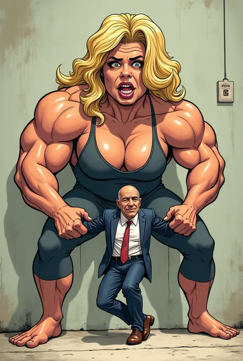 Comic. A big cute buff strong Blond woman bodybuilder  bullying Jeff Bezos. He is stucked in wall  by her, 