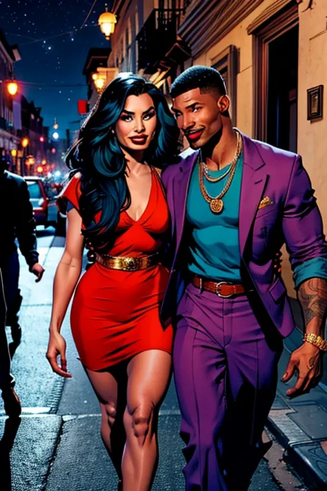 A full shot of Demi Lovato and a handsome African American male whose facial features are a combo of Cudi + Charles Michael Davis + Ray J enjoying an evening stroll. Both are smiling. Both are attired attractively for a night on the town. Demi has lovely m...