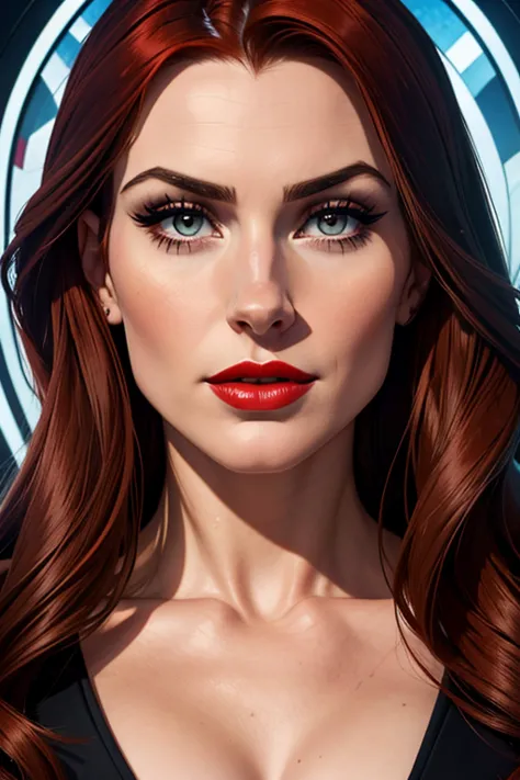 A beautiful woman whose facial features are a combo of Camryn Grimes + Meghan Ory. The woman has lovely makeup on her face. The woman wears red lipstick. Symmetrical eyes. Symmetrical face. Great details. Full-colored. Highly detailed 8K.