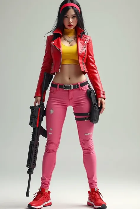 8K HD high quality image. Full Body Photo. Standing in her full height from head to toe. Make a video game character. Beautiful Caucasian woman. WHITE skinned. Abs are cracked. Huge butt. Big thighs. Sexy body. Red leather jacket. YELLOW turtleneck. Pink s...