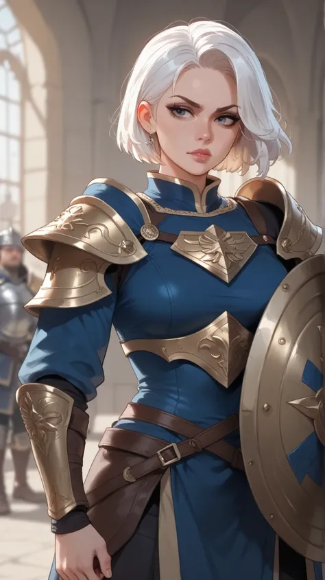 shield, shoulder shield,  one girl, Bulldrons ,   with short hair  , power shield, Disgusting white hair and face, She looks down ,,  result_9,  result_8_higher,  result_7_higher,  result_6_higher,  result_5_higher,  result_4_higher,  break 