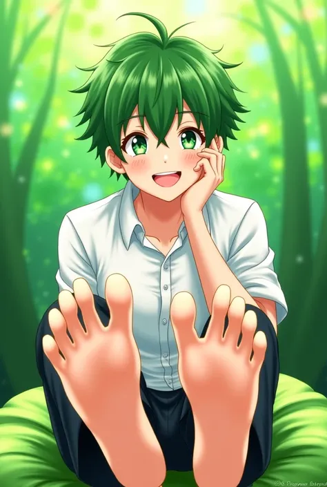 1 , male, s,  White Shirt,  green eyes, sitting on a green cushion, happy, showing the soles,  toes ,  showing her feet ,  Green hair