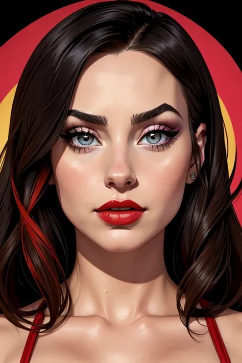 A beautiful woman whose facial features are a combo of Demi Lovato + Adelaide Kane + Zoe Kravitz + Camren Bicondova. The woman has lovely makeup on her face. The woman wears red lipstick. Symmetrical eyes. Symmetrical face. Great details. Full-colored. Hig...