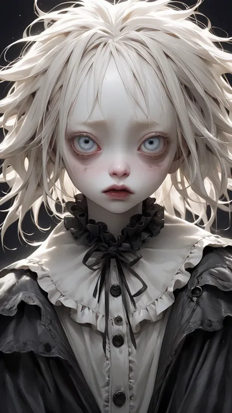 Tim Burton style、albino, extremely realistic 、Bad mood、