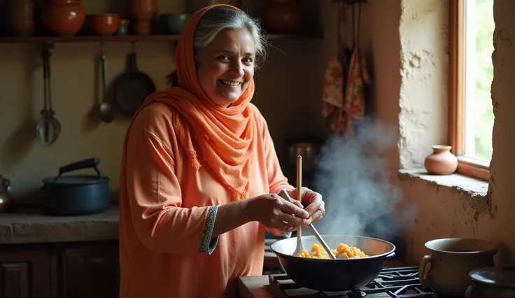 Prompt: "A 45-year-old Pakistani woman with fair skin, wearing a simple shalwar kameez, cooking in a small, traditional kitchen. The kitchen is rustic, with clay pots and utensils hanging on the walls. Nisha’s mother smiles warmly as she stirs a pot of foo...