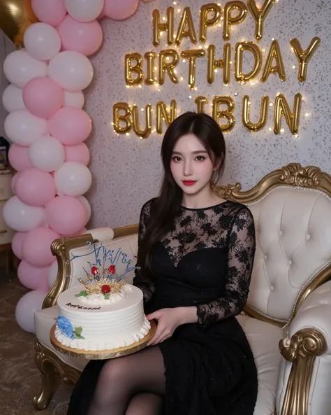 Full body shoot .  Beautiful smiling woman sitting holding beautifully decorated cake all year round with inscription  "happy birthday bun ibun   "  clearly visible and detailed "  with blue cream cake decoration ,  brown and cherry red jewel crown on crea...