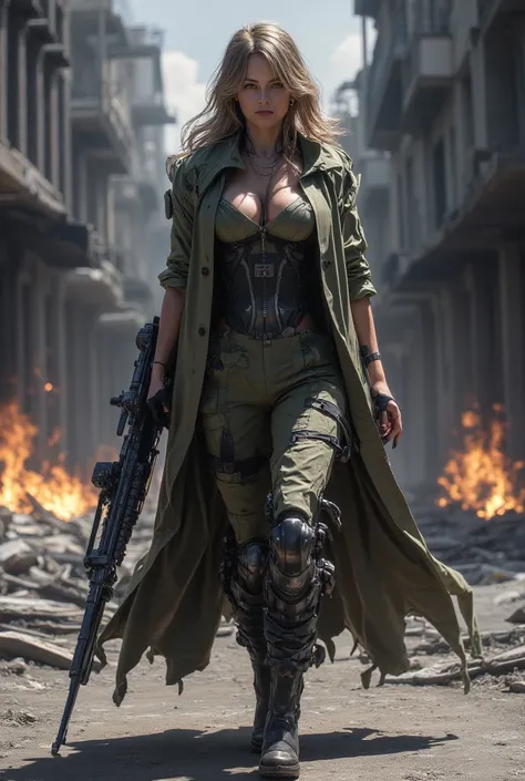  A sexy female soldier wearing a wide-open buttoned jacket shows large, dense breasts with a serious face carrying a machine gun walking in A dead city abandoned by its inhabitants,with buildings and several vehicles destroyed burning blaze where mana and ...