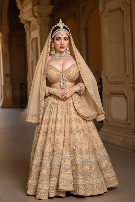 An Indian princess with huge natural breasts revealing cleavage is wearing an beige silk lehenga with gold and diamond embroidery and an beige dupatta on the head, adorned with heavy gold and diamond jewelry like a necklace and bangles. earrings, nose ring...