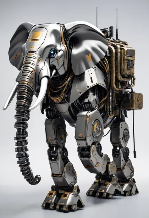 Robot in the shape of a real elephant, one robot, full body of the robot written, four legs on the ground, gun metallic in color, armed with firearms, no background