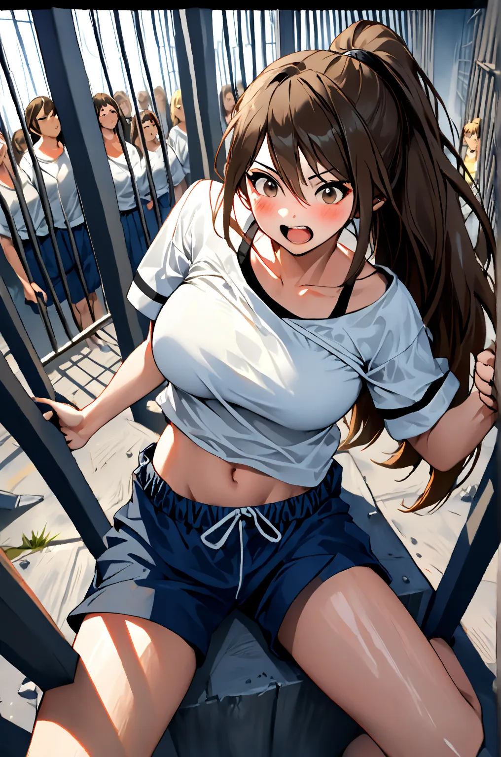 dystopianx style, 1girl, prisoner, shorts, prison, war, apocalypse, pov, pov hands, assisted exposure, undressing another, clothes pull, bra pull, shirt pull, white skin, navel tickling, High Resolution, Open Mouth, High Resolution, Masterpiece, Long Hair,...