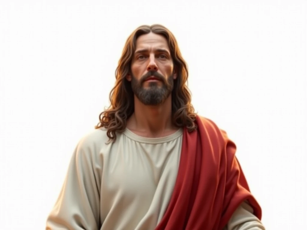 RAW photo,  ultra detailed ,  masterpiece,  top quality, 8K CG wallpaper ,  extremely detailed,  best illustration ,  best shade . Realistic lighting with detailed and beautiful brightness .  Representation of Jesus Christ wearing white robe with a red clo...