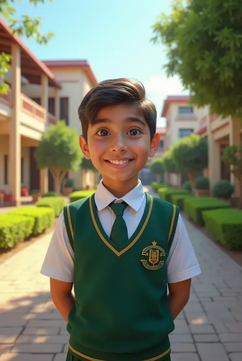 Make an image of a school  in uniform. smiling face looks like a Pakistani  in a uniform 