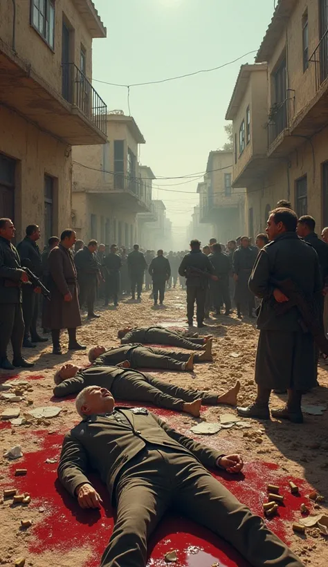 "Militiamen from Irgun and Lehi shooting unarmed villagers in the streets of Deir Yassin. Elderly men are executed, women plead for mercy, and ren hide behind rubble. Pools of blood stain the ground."