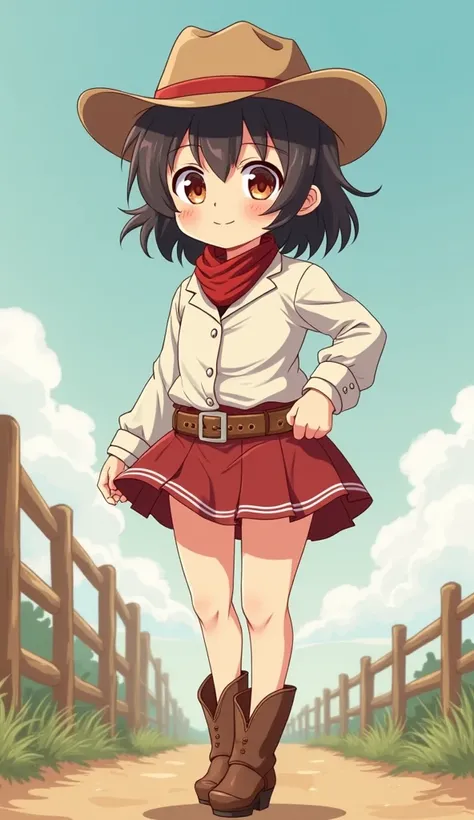 Anime very cute chibi little cowgirl 9years old wearing a very short skirt and wearing shoes full body image with a group of men's hands concentration touching girl's thigh only