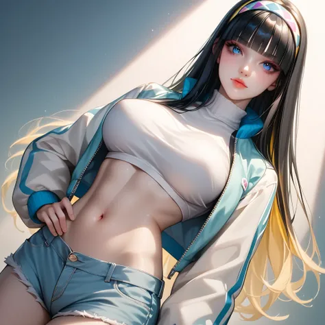 (( black hair))、(Yellow inner hair), top quality、 ( professional lighting without shadows )、 surreal, (Nipples:0.4), is fascinating、 figure like a slender supermodel、 1 girl,( big breasts, Belly button exposed), ( flat at honny, beautiful skin)), (明るい and ...