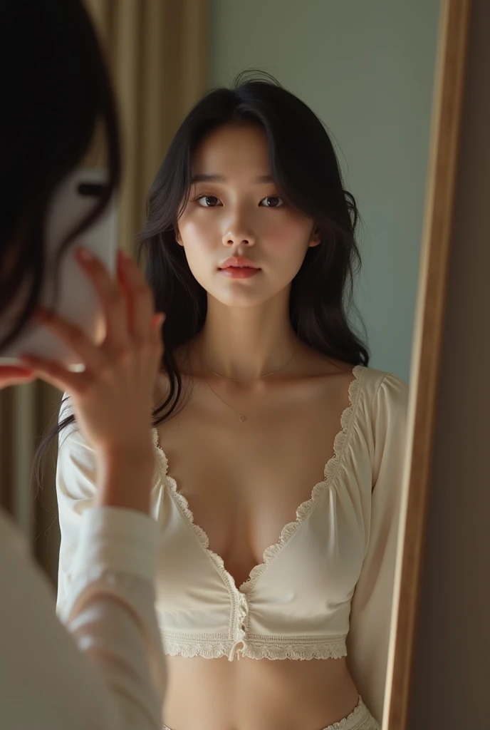 Korean girl with face like Jinhyun, aged 25, big eyes, big breasts, unbuttoned, holding phone for photo, in front of mirror