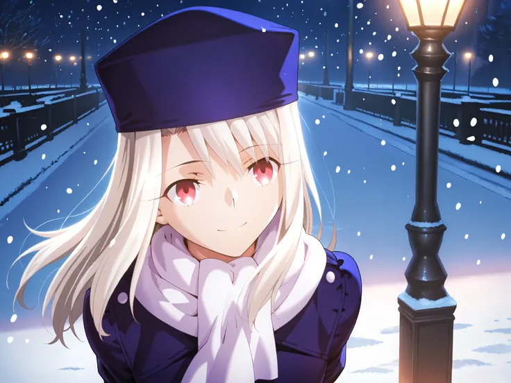 1girl, solo, Illyasviel von Einzbern, fate stay night, blue coats, blue hat,  smile,  walks at night in the park, hands behind his back, lamppost, It's winter, it's snowing, white scarf 