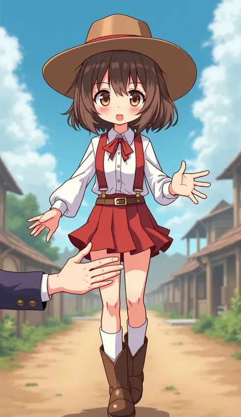 Anime very cute chibi little cowgirl 9years old wearing a very short skirt and wearing shoes full body image with a group of men's hands concentration touching girl's thigh only