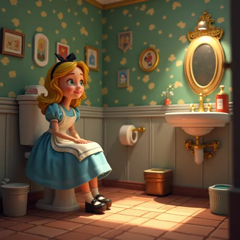 Alice aux pays des merveilles style pixar assise sur les toilettes 