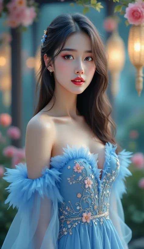 soft and romantic digital art of a beautiful korean woman soft skin long straight hair, Pink lips wear blue ruffled dress soft glitter beautiful her shoulders decorated with 3 -flowers 3d large pink purple yellow shimmering intricate swirling swivel embell...