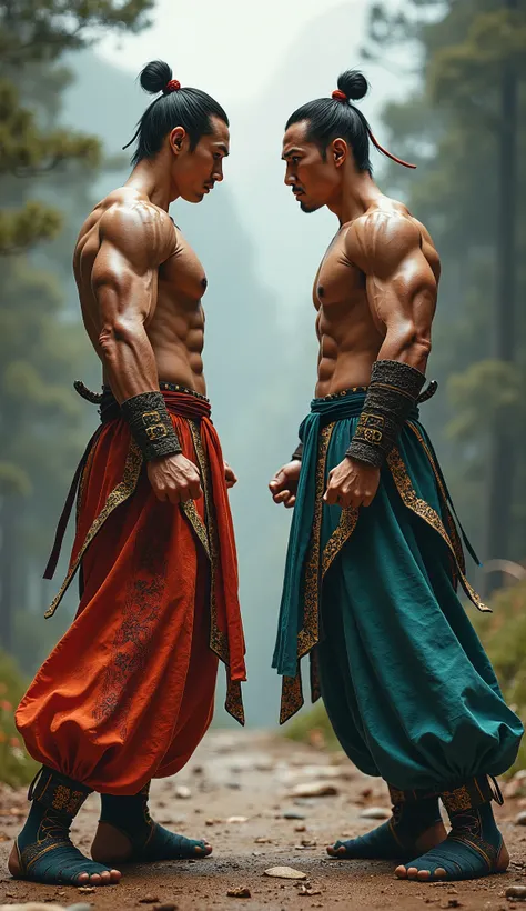 Two muscular men wearing different kung fu outfits back to back