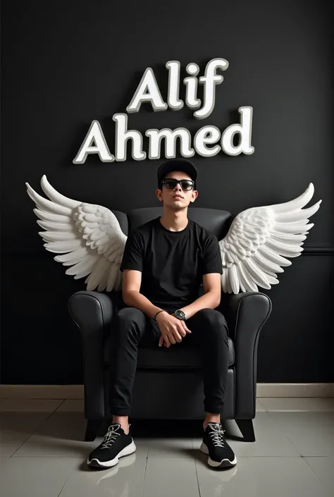 Create a 3D illusion for a WhatsApp profile
picture where a boy in a black shirt sits
casually on a Wingback Chair. Wearing
sneakers, a black cricket cap, and
sunglasses, he looks ahead. The
background features " Alif  Ahmed" in big and capital white fonts...