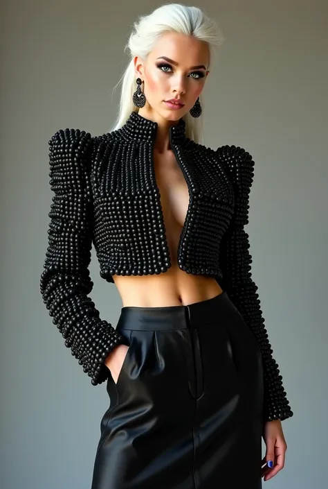 Picture a full body   french model large hips, white hair whose skin sparkles as though kissed by a thousand stars. Her captivating green eyes, framed by elegant makeup, glisten like silver moons. She exudes confidence in an oversized cropped high neck jac...