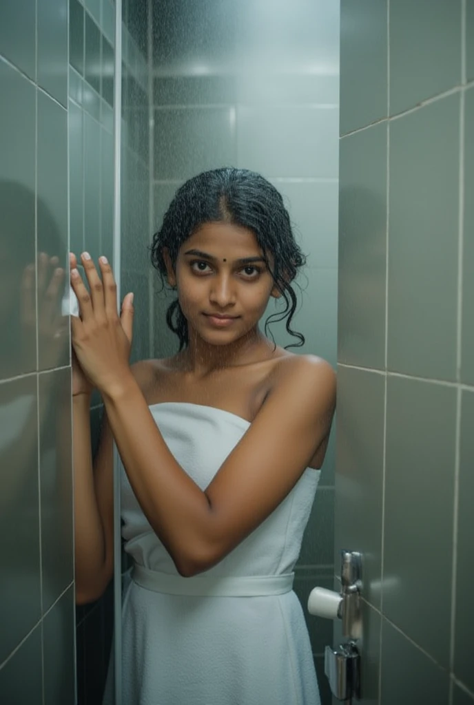 Realistic Photo Srilanka age girl From the school bathroom Showering Wear a Bath Towel All his body is wet from the shower water Closing the door of the School bathroom