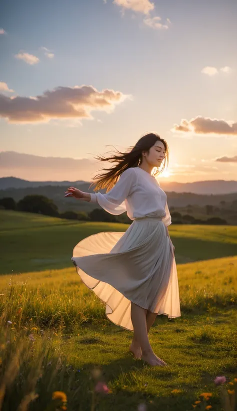 A serene and elegant photograph of a young woman in her 20s, standing barefoot on a tranquil meadow at sunset, her long, flowing hair gently lifted by the breeze. She is dressed in a modest, ankle-length skirt made of light, airy fabric that sways softly i...