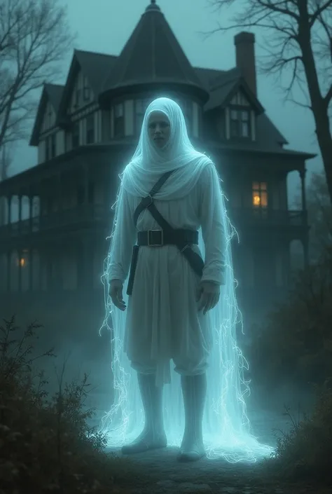 Create me a ghost soldier in front of house l, make sure to make the ambient background darker 