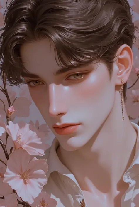 A hyper-realistic close-up portrait of an exceptionally handsome man inspired by the ethereal and romantic beauty of Bleeding Hearts (Lamprocapnos spectabilis), symbolizing love, compassion, and emotional depth.
His eyes are a mesmerizing soft gray with hi...