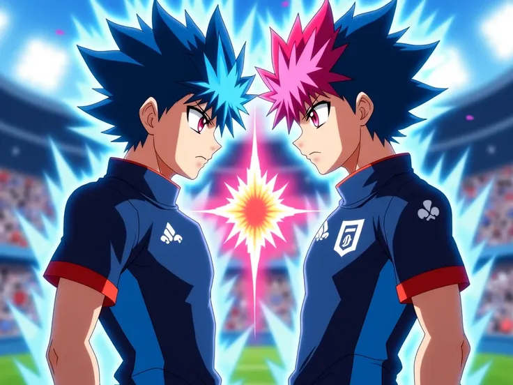 2 male oc de l'anime inazuma 
adolescent de 17 ans beaux gosse musclé puissant et charismatique.
cheveux 
herissé bleu et rose et yeux rouge ecarlate diamant stylé artificiel.
qui ont le même maillot bleu et noir sont 
entraint de tirer dans un ballon de f...