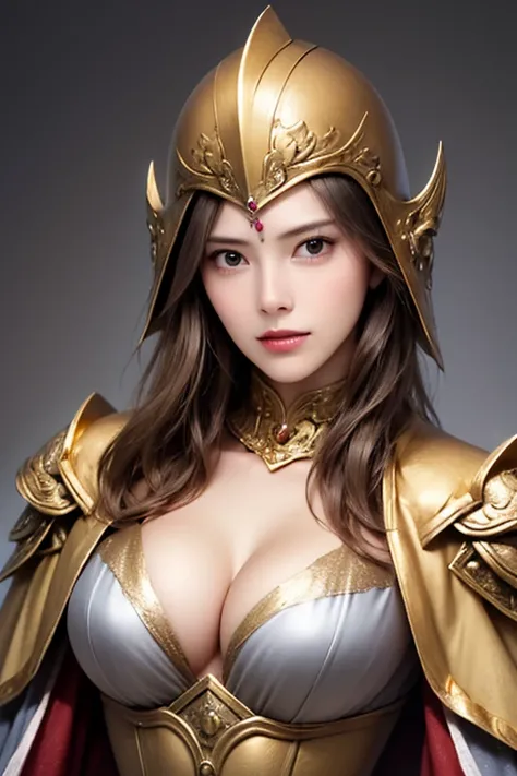 ((female warrior upper body)),((Wears silver and gold steel armor and cloak:1.5)),1 person,  black hair,  (((Real Face))),  Belly Shortcut,((Big breasts and cleavage)),  high definition face and skin texture  ,   staring at the camera,    Chinese Warrior :...