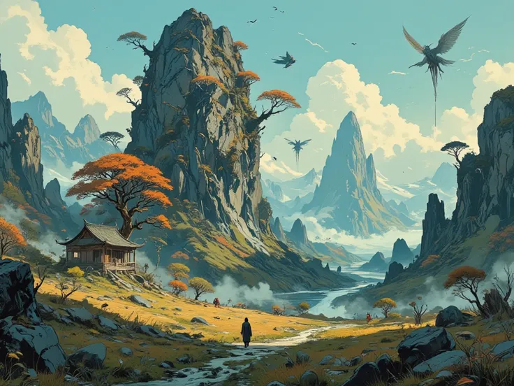 Create a Xian xia, Chinese fantasy, magical, mystical, ethereal, unique landscape, with majestic mountains, small floating islands connected by some branches, paths with mysterious trees with vivid and exotic colors in their leaves, mystical creatures in t...