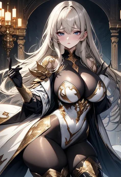 ((masterpiece)),((highest quality)),((8k)),((fantasy art)),(solo),1girl,perverted masochist,lewd masochist,perfect face,fantasy world,((white military coat)),((white general uniform)),((platinum blonde straight hair)), ((compression black leotard)),((goldw...