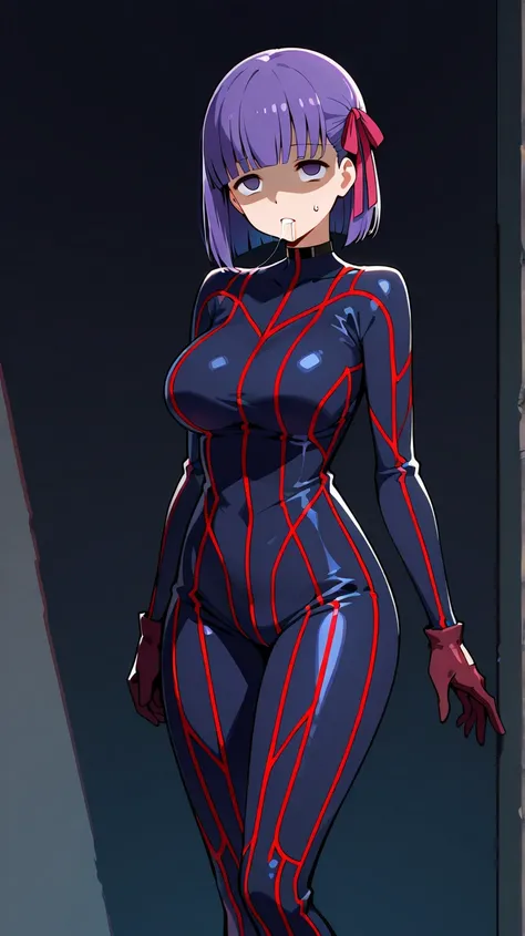 Matou sakura,neutral, expressionless, standing, looking at viewer, (((blunt cut, bob, blunt bangs, bob cut))), wiry, gloves, choker, bodysuit,,Shaded face, drooling , saliva trail, rolling eyes, no pupils, 1girl, solo,