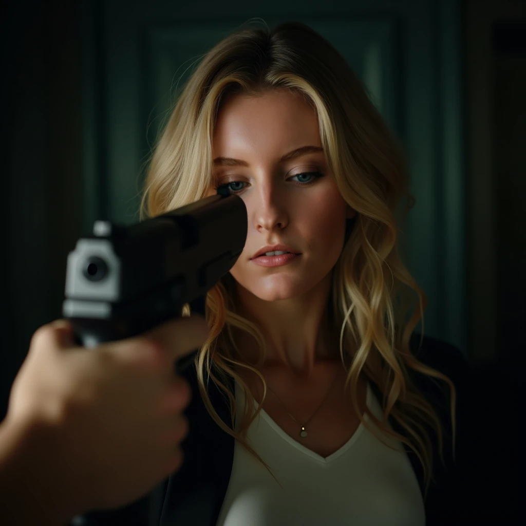 hostage scene. A beautiful hot and sexy young blonde woman being held at gunpoint in a creepy room. gun to her head. with a scared face, she has wavy hair. scared and helpless