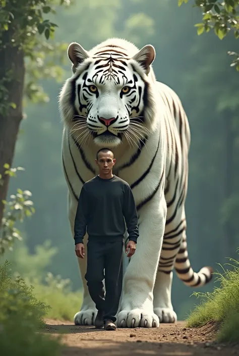 A man dressed in black casual and walking along with a very giant white tiger walking together