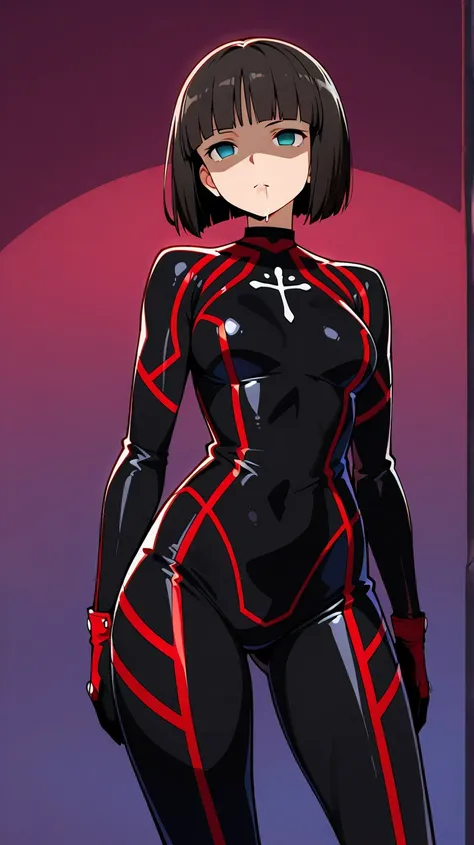 Tohsaka rin,neutral, expressionless, standing, looking at viewer, (((blunt cut, bob, blunt bangs, bob cut))), wiry, gloves, choker, bodysuit,,Shaded face, drooling , saliva trail, rolling eyes, no pupils, 1girl, solo,