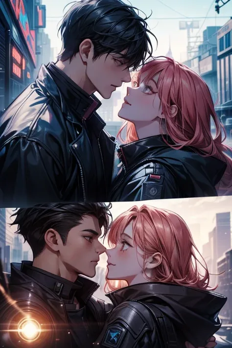 anime couple, handsome boy and beautiful girl, looking at each other, cyberpunk style, cyberpunk city background, (eye details, face details, body details), (make clear and good images), (make 4k and 8k images)