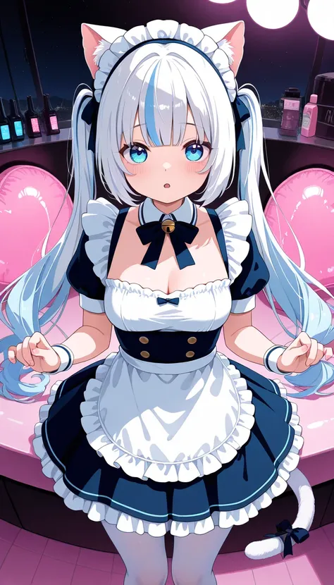 1girl solo  "VTuber girl long white hair sky blue eyes cat in blue and white maid uniform, short skirt short white tights with ribbon embellishments,  cat's ears, Normal tail and expression kawaii .  Does a playful pose saying,  perfect anatomy, 'nya ~'.  ...