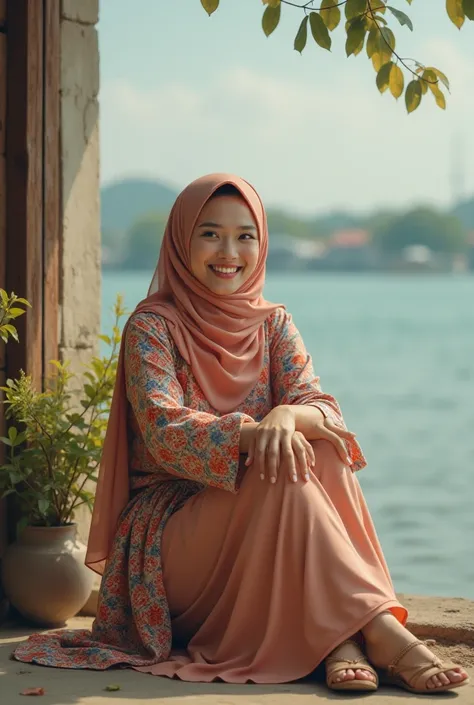 A beautiful malay women with hijab,wearing printed blouse for hijab women,long skirt and wedges,smling face,sitting at a provincial house by the sea