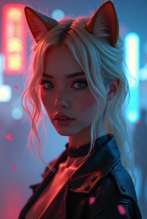 1girl, blond hair,  cat_ears, animal_ears, solo, dark_skin, tan_skin, foggy neon futuristic,  summer jacket, sakura falling, portrait style, looking_at_viewer, cinematic lighting,  eyeliner, makeup, emotional,  highly detailed, wide shot, sharp focus,    r...