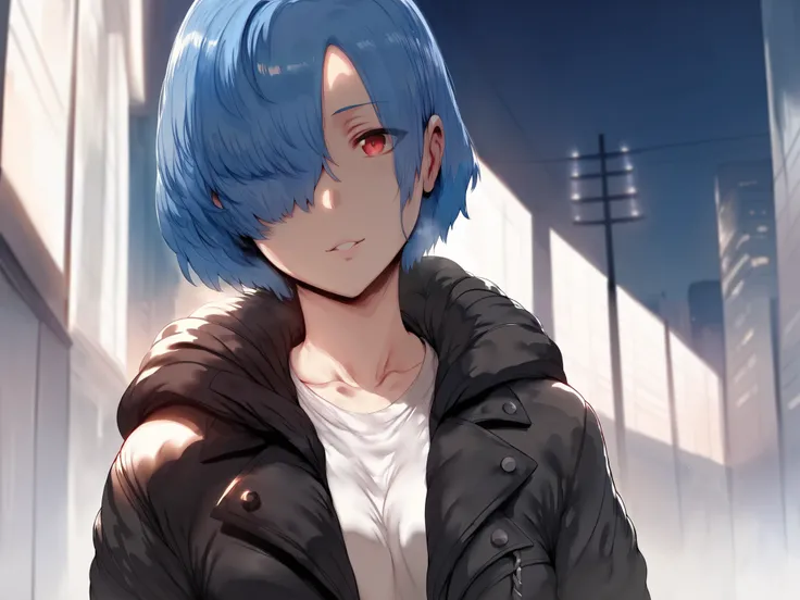 Hews style, 1girl, solo, blue hair, hair over eye, red eyes, black leather jacket, hooded long jacket, white shirt, looking at viewer, night city