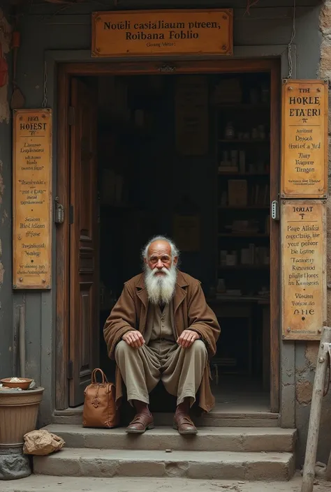 Story Translation for AI Image Generation:

"A story about an elderly man selling wisdom, in a quiet and empty shop, with posters displaying valuable quotes. The governor of the city visits the shop and meets the old man, who radiates calmness and great co...